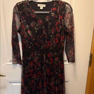 Coldwater Creek Black Mesh Dress with Red and Olive Floral Print